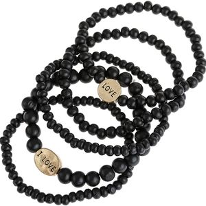 Black & Goldtone 'Love' Wood Stackable Beaded Bracelets